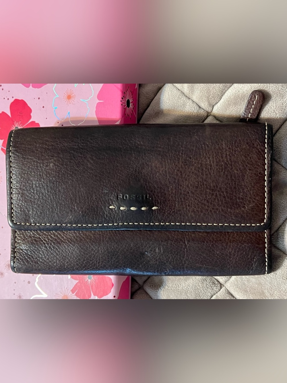 Fossil Pebbled Leather Chocolate Brown Trifold Wallet Soft, Vintage Patina